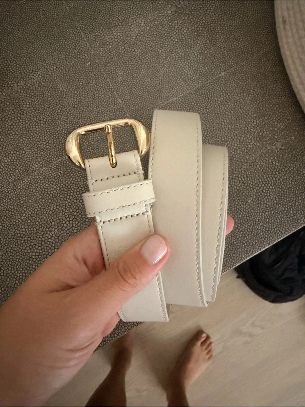Cream Leather Belt with Gold Buckle - Women's Fashion Accessory